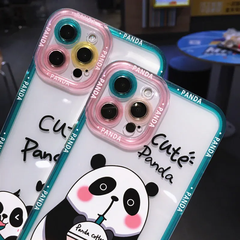 Cute Panda Letters Animal Pattern Camera Protective Phone Case For iPhone 13 12 11 Pro Max X XS XR 7 8 Plus SE 2020 Clear Back iphone se wallet case