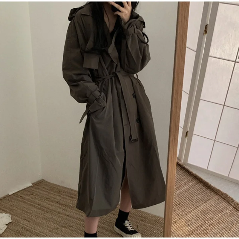 Women Trench Double Breasted Long Style Coats Korean Turn Down Collar Belt Long Female Windbreaker Casual Ladies Autumn Overcoat