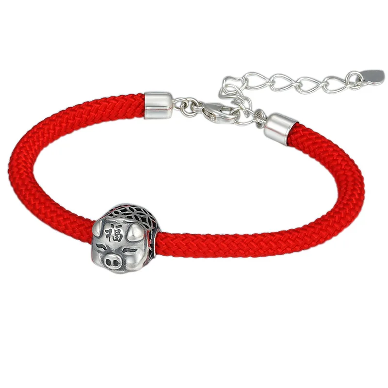 Подлинный 925 пробы, серебряные ювелирные изделия, модные простые серебряные свинки, красная веревка, женский браслет, хорошее ювелирное изделие, подарок на день рождения
