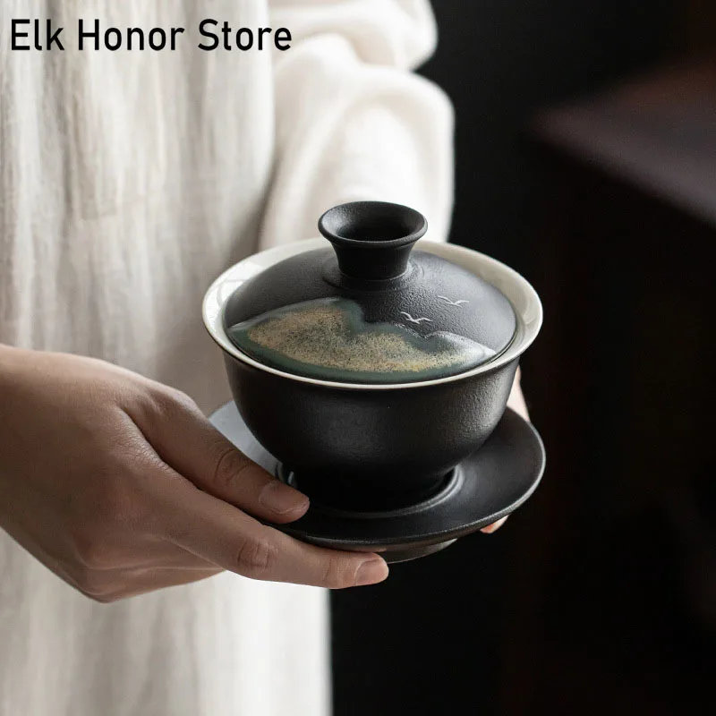 

170ml Retro Coarse Pottery Covered Bowl Sancai Tea Bowl Handmade Distant Hills Tea Bowl Tea Cup Kung Fu Tea Maker Tea Ceremony