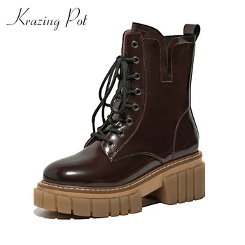 

Krazing Pot winter boots genuine leather platform handsome round toe thick high heel lace up beauty lady neutral ankle boots L05