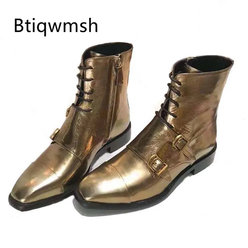 

2019 Gold Leather Ankle Boots Women Square Toe Double Buckle Lace Up Flat Shoes Woman Fashion Military Boots zapatos de mujer