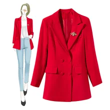 Plus Size Bee Pin Up Fall Red OL Work Office Blazer Coat for Ladies Double Button OL Soild Basic Autumn Winter Casual Coat Women