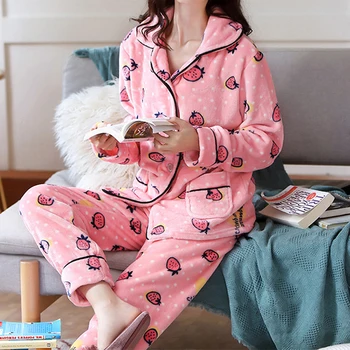 

Women Autumn Flannel Print Pajama Set New Winter Long Sleeve Button Top And Loose Elastic Waist Pants Thick Warm Soft Sleepwear