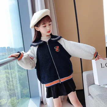 

Children Winter Plush Coat Preppy Style Girl Stitching Sleeve Thicken Velvet Baseball Jacket Kids Outerwear Casual Warm Overcoat