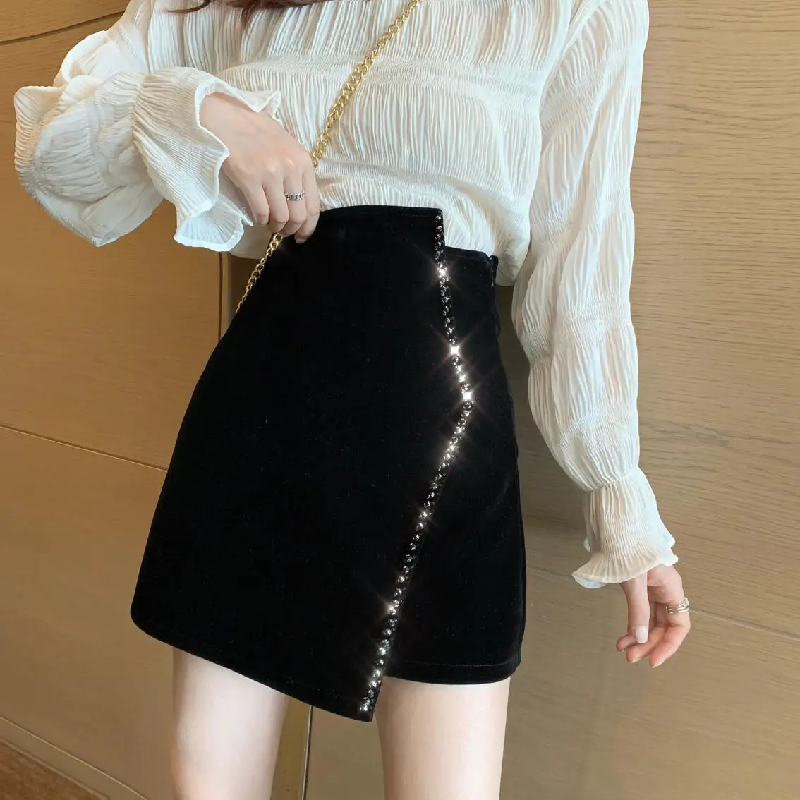 Ins CHIC Europe French Irregular Velvet Hand Bead Rhinestone Woman Velour Mini Skirt High Waist Bodycon Lady Bottom Black Winter