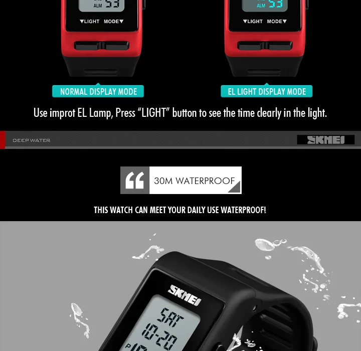 SKMEI Square Electronic Watch Women Men Digital Wristband Alarm Clock Life Waterproof Fashion Sport LED 12/24hour Clock 1362