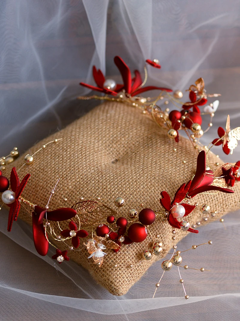 NiuShuya Handmade Bridal Red Flower Pearl Headband Romaantic Hairband Women Crown Tiara Wedding Hair Accessories
