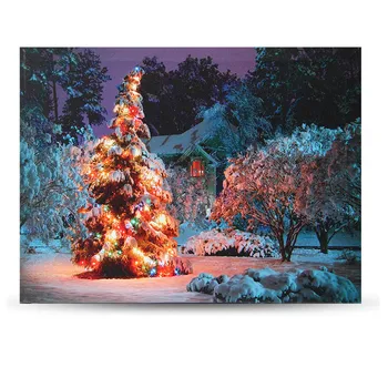 

40 x 30cm Battery Operated LED Christmas Snowy House Front Tree Print Wall Art for winter gift