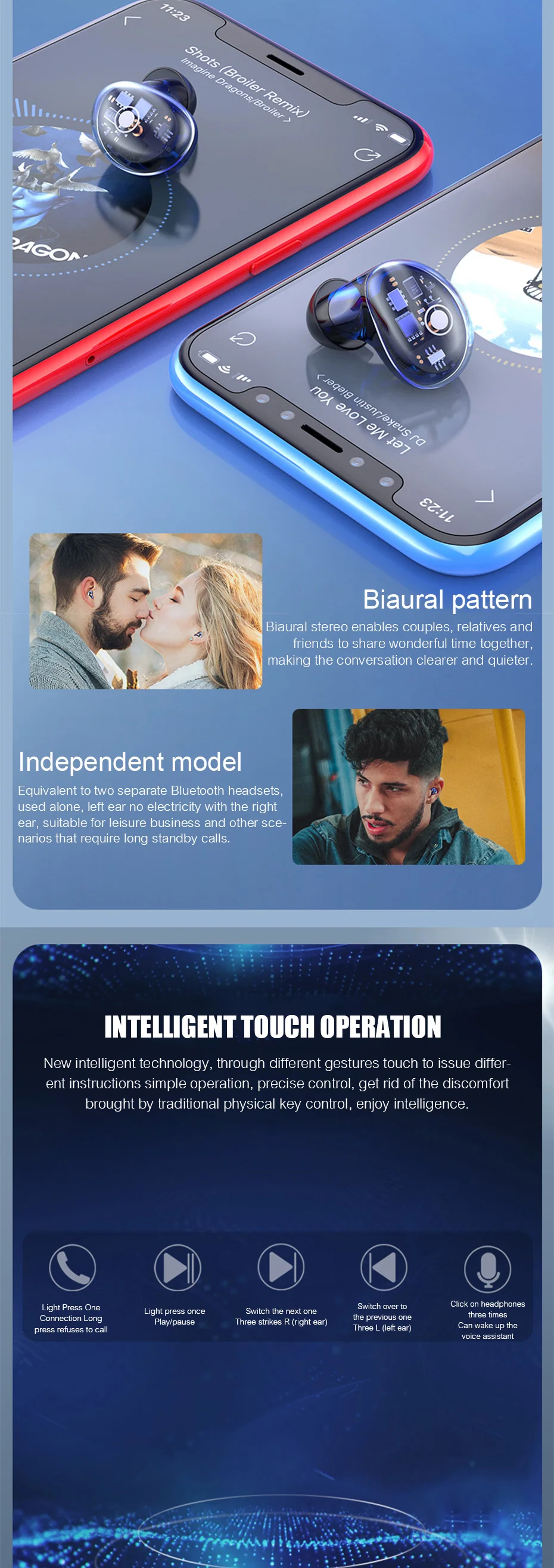 Bluetooth наушники, настоящие беспроводные наушники 5,0, сенсорное управление, IPX6, водонепроницаемые, мини наушники 6d, спортивные, Hi-Fi, стерео наушники, наушники