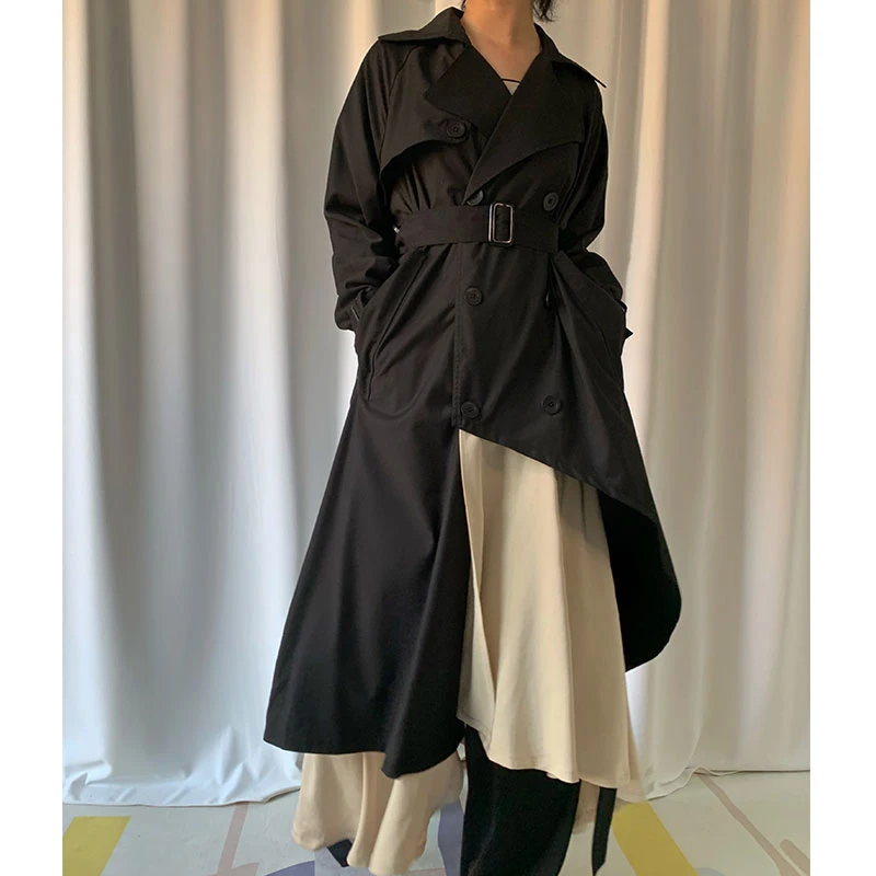[EAM] Women Pleated Irregular Big Size Trench New