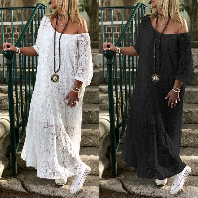 Women Lace Crochet Maxi Long Dress ZANZEA Summer 3/4 Sleeve Party Vestido Robe Femme Bohemian Sundress Casual Loose Autumn Dress 1