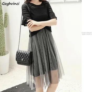 

Sets Women Hollow Out Solid T-shirts Strap Mesh Elegant Dresses Womens Office Ladies Casual Korean Thin Trendy Chic Two Pieces