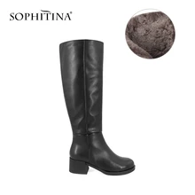 SOPHITINA/ Новые сапоги до колен; Женские обуви с элегантным круглым носком и квадратным средным каблуком; Зимние женские сапоги из высококачественной натуральной кожи и супер теплой ворсина; BA3