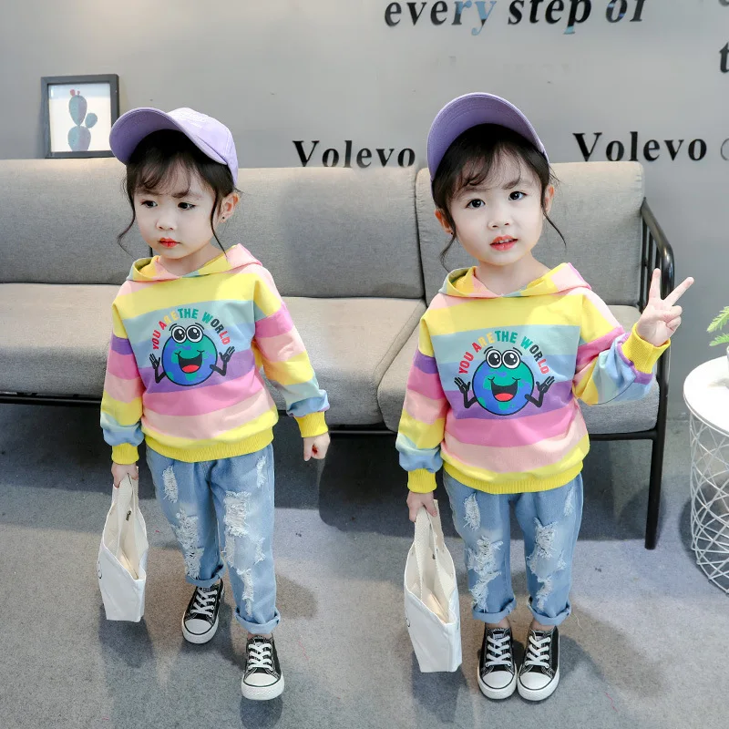 

Girls Children Jeans + M Beans Hoodie Set Fashion Virgin Baby Fashion Casual Two-Piece Set