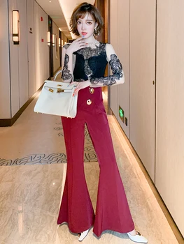 

Fashion Lace Crochet Mesh Top + Retro High Waist Bell-bottom Pants Suit Women's 2020 Early Autumn New Style
