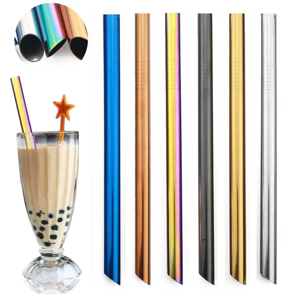 Set of 2 Reusable Extra-Wide Stainless Steel Straws with Cleaning Brush