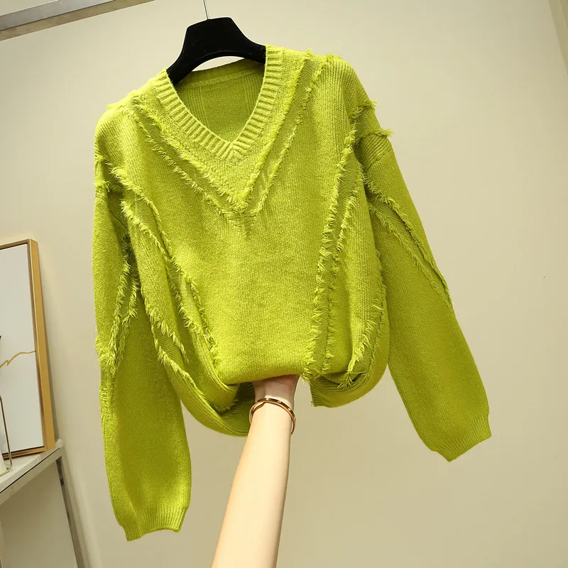 Модные зимние вязаные свитера для женщин 2019 зеленый v-образный вырез кисточки