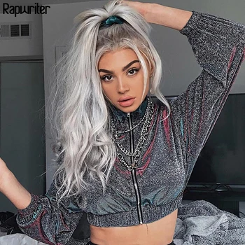 

Rapwriter Casual Turtleneck Harajuku Glitter Cropped Jacket Women 2019 Autumn Fit Waist Korean Long Sleeve Ladies Short Coat