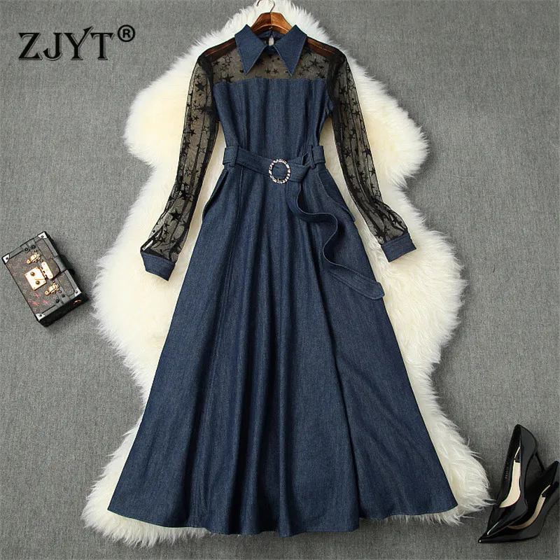 

Top Fashion Runway Spring Dress Women 2020 Elegant Turn Down Neck Long Sleeve Transparent Tulle Patchwork Midi Sexy Denim Dress