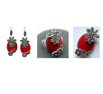 

Free Shipping Fashionable Red Carved Lacquer Marcasite 925 Sterling Silver Ring(#7-10) Earrings & Pandent jewelry sets