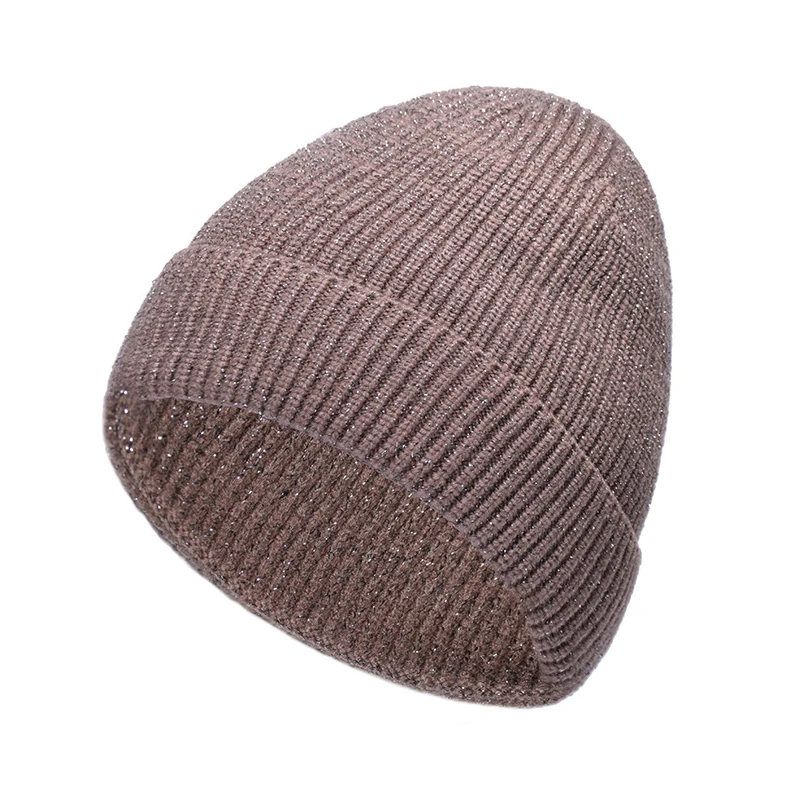 Зимние вязаные теплые шапки Skullies для женщин, кашемировая вязаная шапка бини, Женская шерстяная пушистая подкладка, Посеребренная пряжа