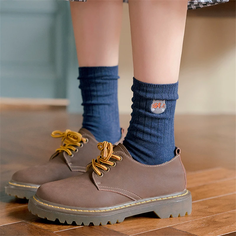 Cartoon Cat Embroidery New Cotton Short Socks Fashion Japanese Solid Color Concise Women Sock Spring Autumn Winter Cute Socks
