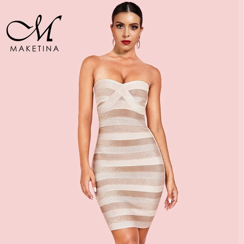 

Maketina 2019 New Summer Women Bandage Dress Vestido Sexy Sleeveless Strapless Apricot Pink Bandage Dress Mini Bandage Dress