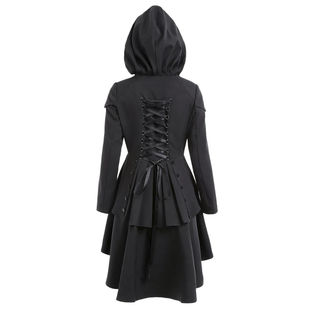 Lortalen/Зимний Тренч в готическом стиле, винтажное длинное пальто в красно-черную клетку, на завязках сзади, с капюшоном, однобортное пальто