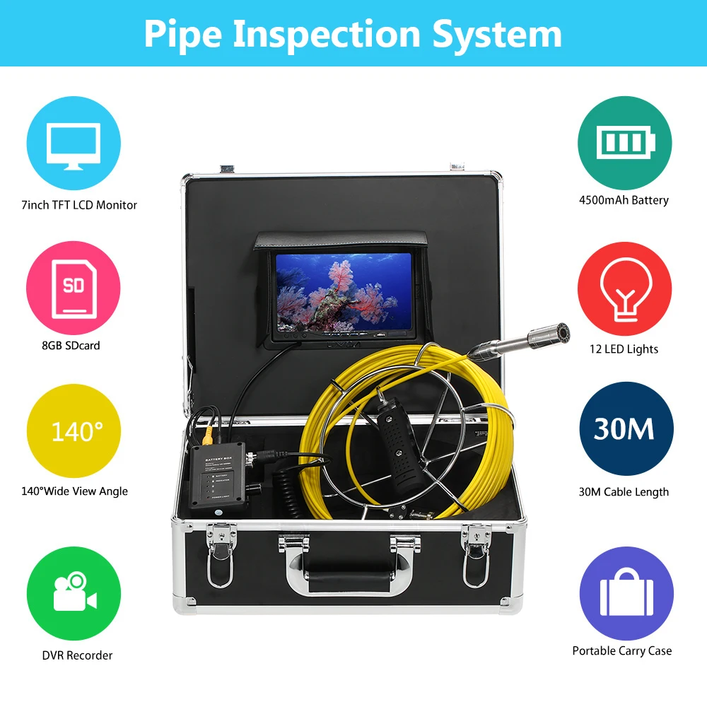 

20/30M Fish Finder Drain Pipe Sewer Inspection Video Camera 7" LCD Monitor DVR Recorder 12 LEDs Night Vision Waterproof