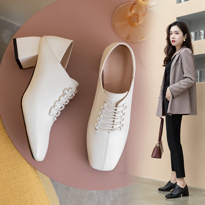 

INS hot women pumps Natural leather 22-25cm ladies shoes Internet celebrity Cowhide leather Chunky square head ladies shoes