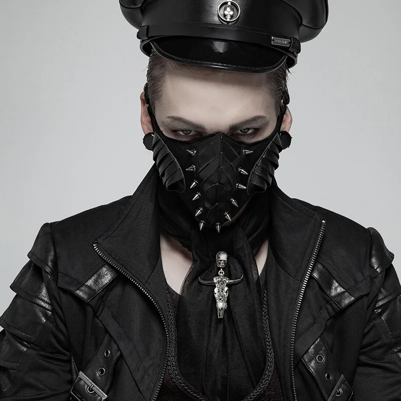 

PUNK RAVE Men Punk Dark Mask Elastic Knit Centre Sharp Cone Nails Pu Leather Armor Modeling Personality Mask