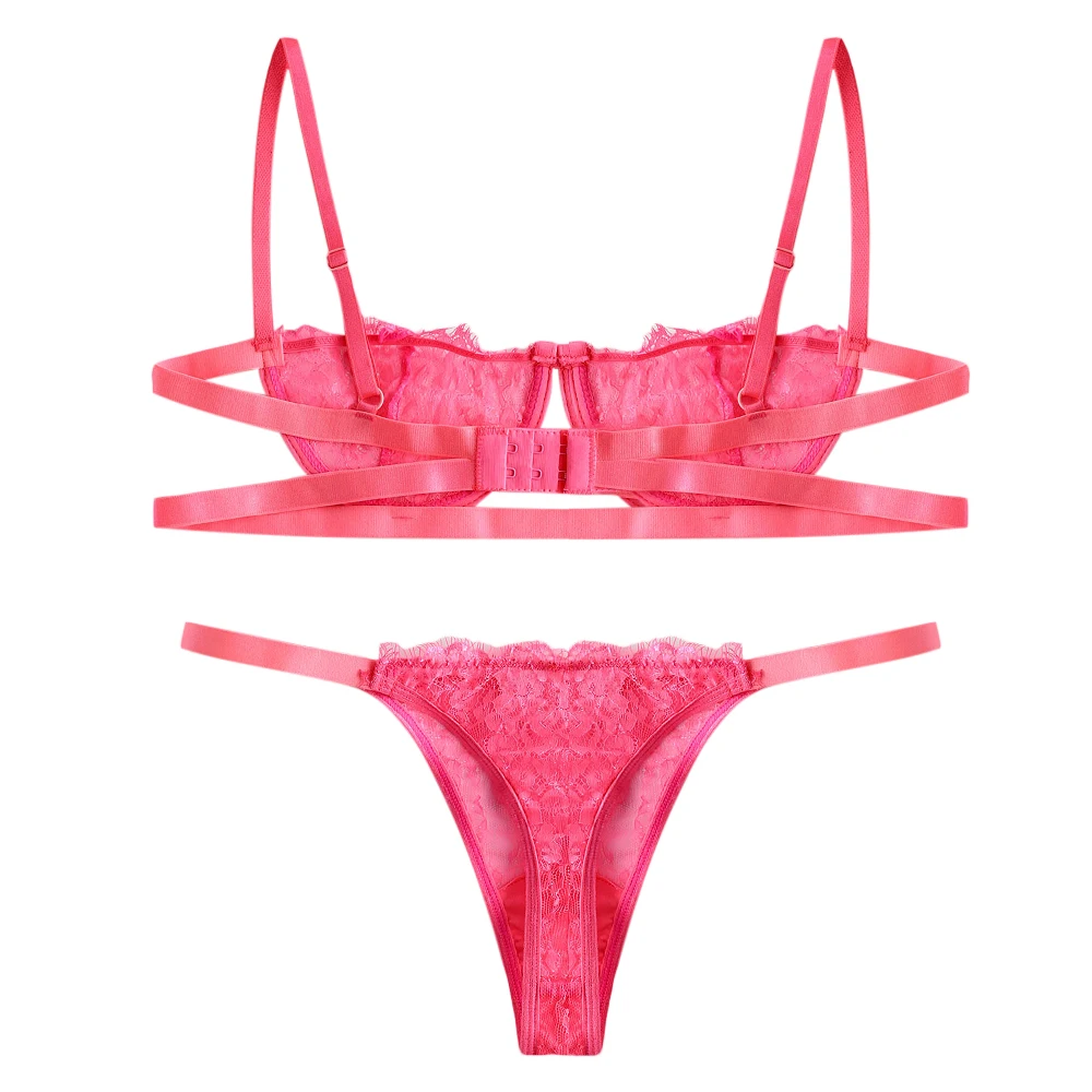 ZAFUL Lace Solid Underwire Caged Set Underwire Ring Embellished Lingerie Half Cup Adjusted-Straps Unlined Sexy Women Lingeries