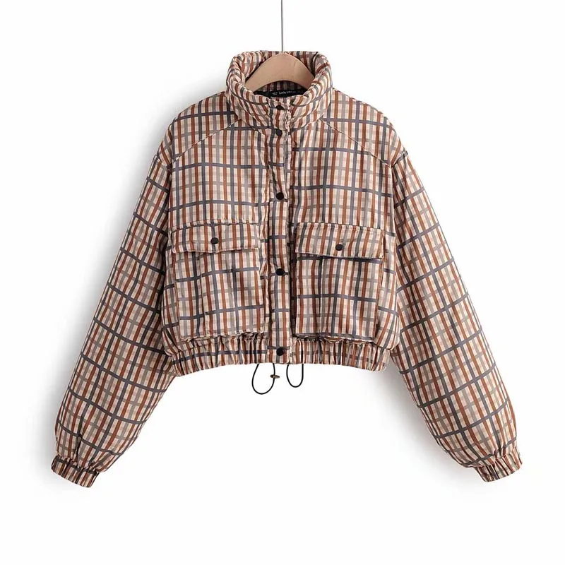 

WT298 Design Stand Collar Double Pockets Elastic Bottom Drawstring Short Design Plaid Jacket Ladies's Streetwear Coat