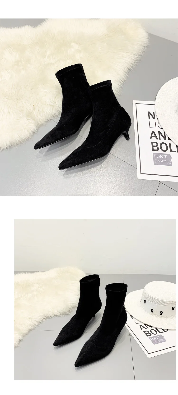 Kitten Heels booties pointed toe fashion women boots winter suede leather chelsea mid-calf martin botas stretch slip on botines