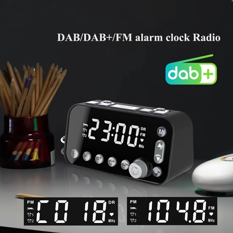 

DAB & FM Radio Digital Alarm Clock LCD Backlight Dual USB Port Sleep Timer for Office Bedroom Travel