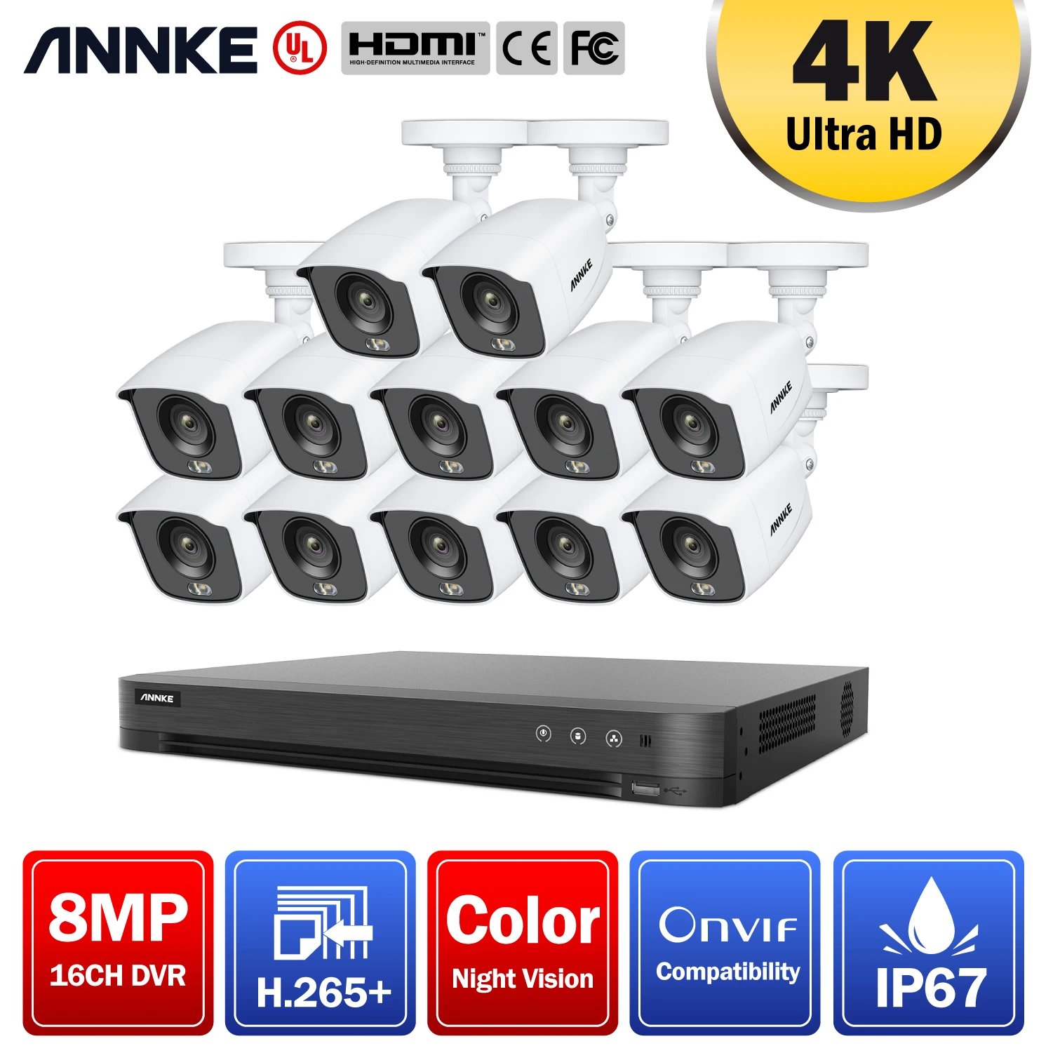 

ANNKE 4K Ultra FHD Full Color Video Surveillance System 16CH 8MP H.265+ DVR With 8MP Outdoor Weatherproof CCTV Security Cameras