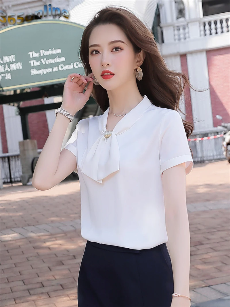 Short Sleeve Summer Elegant Apricot Women Blouses Shirts Fashion OL Styles  Blouse Female Tops Casual Clothes