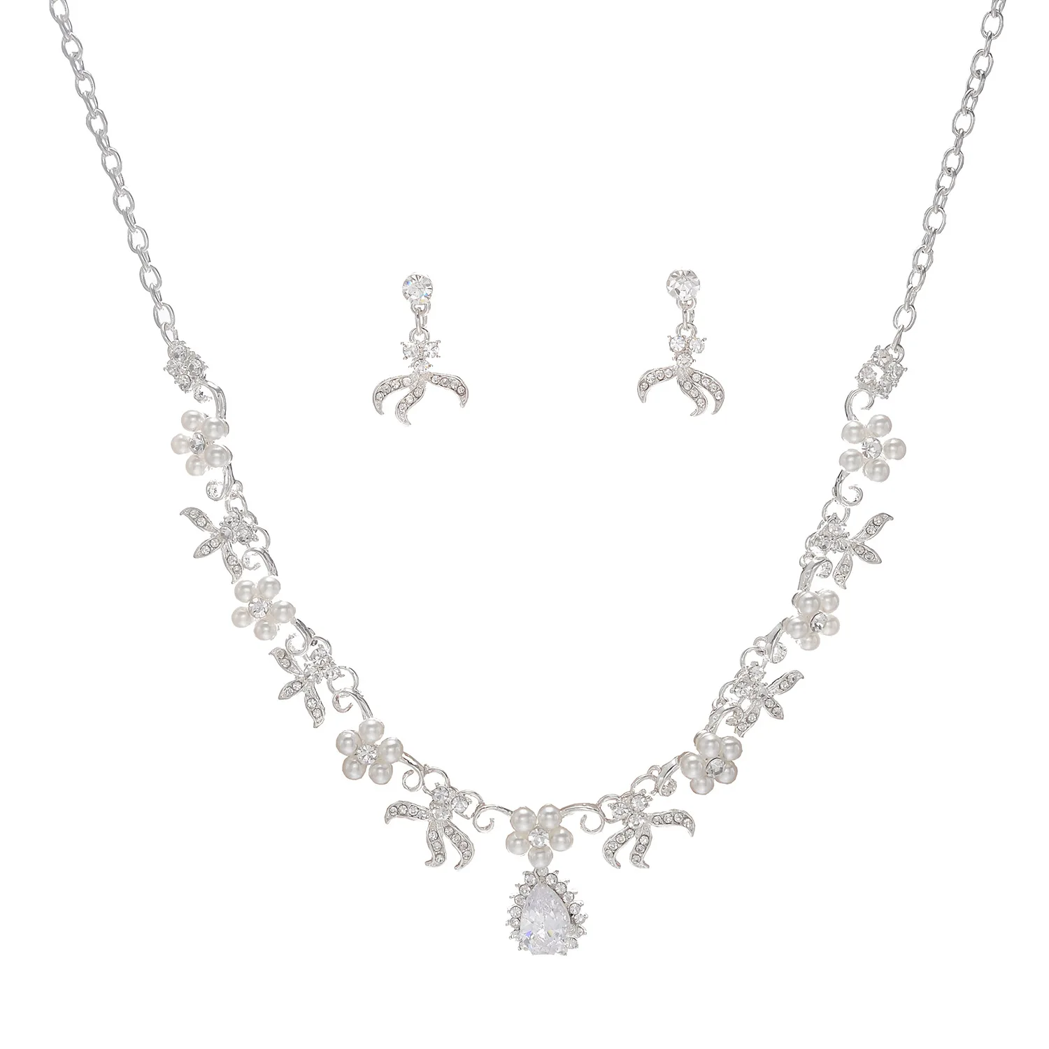 

Tl308 New Style Korean Style Necklace And Earrings Suite Zircon Earring Necklace Two-Piece Set Bride Jewelry Photographic Prop
