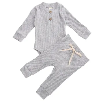 

Spring Autumn Infant Baby Knit Outfits Suits Buttons Round Neck Long Sleeve Bodysuit Top + Elastic Long Pant