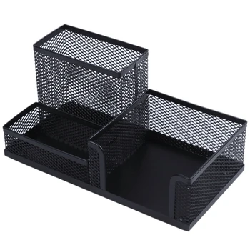 

Students Office Desk Mesh Style 3 Compartments Metal Pen Holder Black