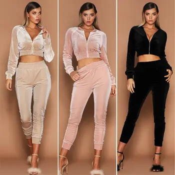 

2019 Women Two Piece Set Autumn Velvet Tracksuit Jumpsuit Long Sleeve Zipper Elasic High Waist Pants Top Set Sportsuits