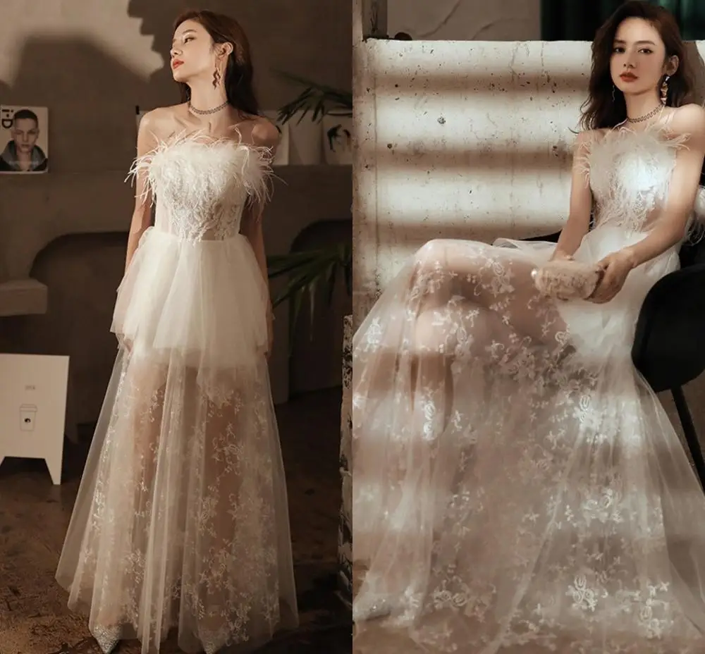 

Abendkleider White High Low Formal Evening Dress robe de soiree Appliques Feathers Lace Prom Dresses Long Party Gowns 2020