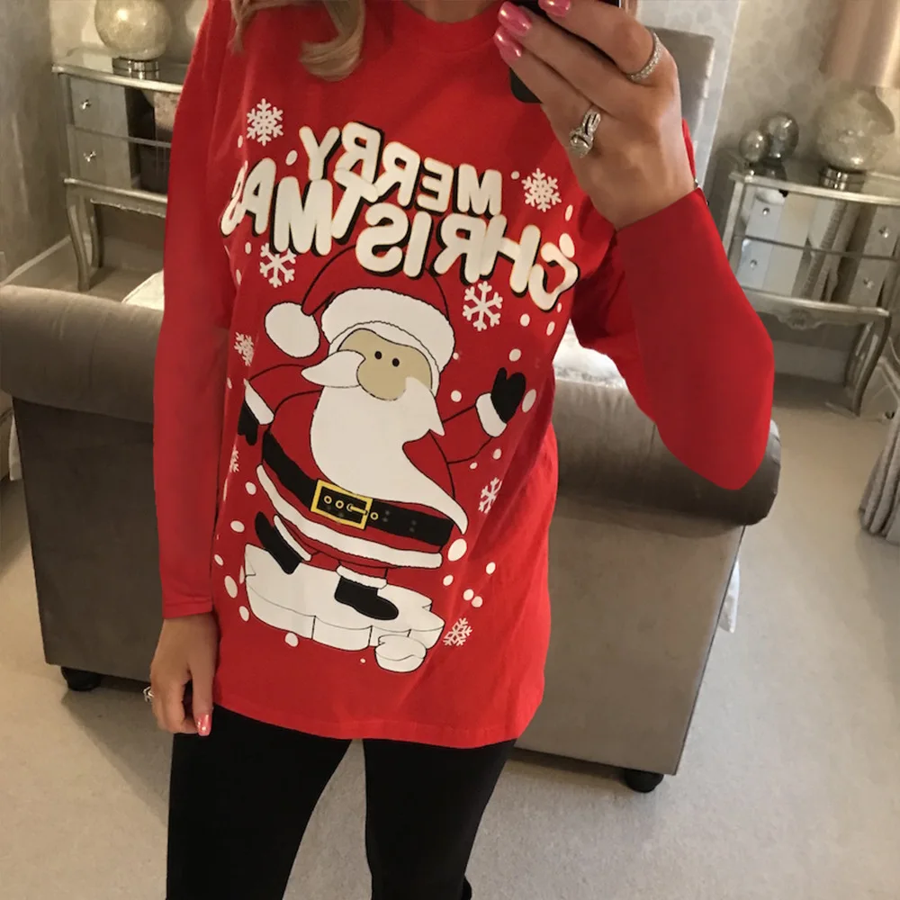 Горячая Распродажа, Рождественская осенняя и зимняя новая женская футболка с длинными рукавами и круглым вырезом, с мультяшным принтом