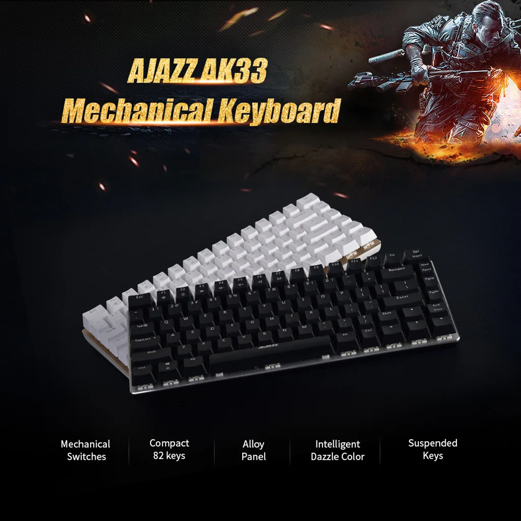 Ajazz AK33 Geek Mechanical Keyboard, 82 Keys Layout, Black Switches, White  LED Backlit, Aluminum Portable Wired Gaming Keyboard, Pluggable Cable, for  Games Work and Daily Use, Black price in UAE