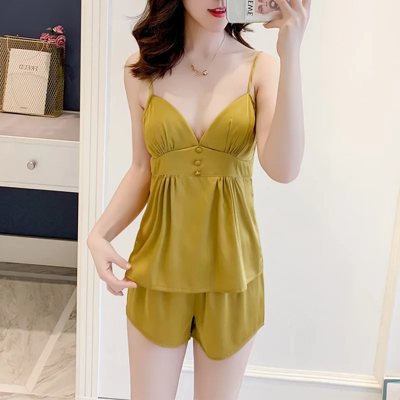 

Women's pajamas two-piece set of simple buttons with chest pad silk shorts pajamas set / high-grade women's home service pajamas