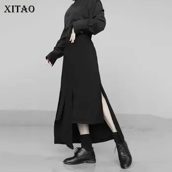 

XITAO Split Black Skirt Fashion Women 2020 Spring Elegant Elastic Waist Goddess Fan Style Loose Irregular Casual Skirt XJ3990
