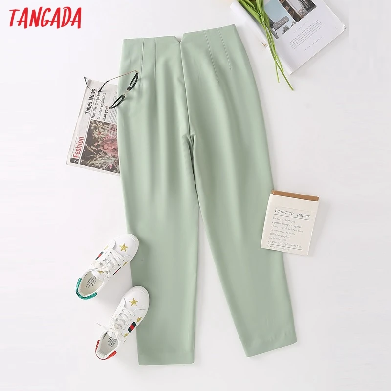 Tangada fashion women mint green suit pants trousers high waist office lady pants pantalon 4T41