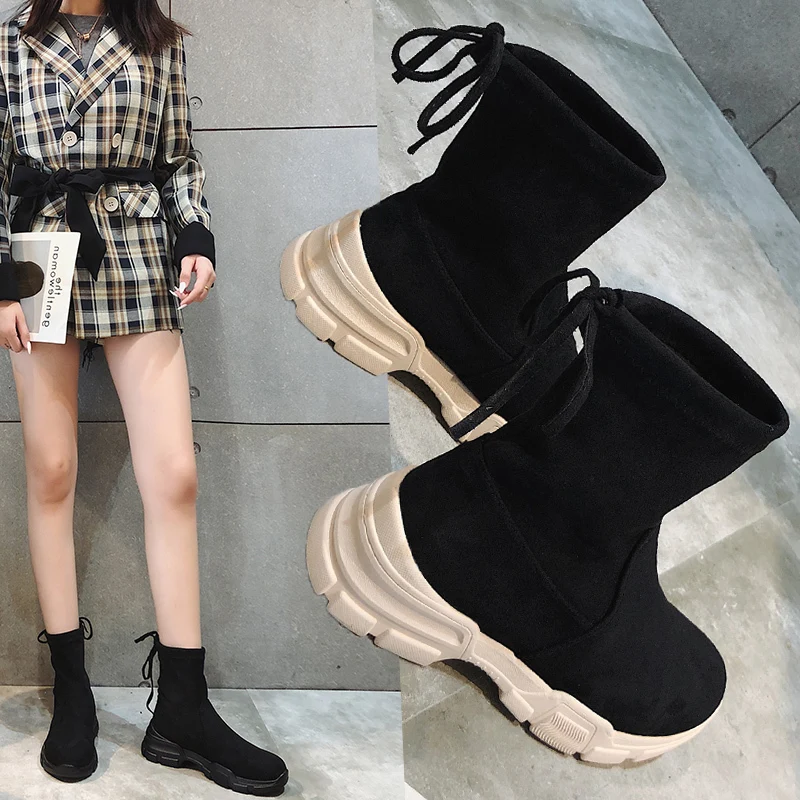 Bootee/женские осенние ботинки г. Брендовая женская обувь модные элегантные сапоги до середины икры на плоской подошве, с круглым носком, на шнуровке, на резиновой подошве