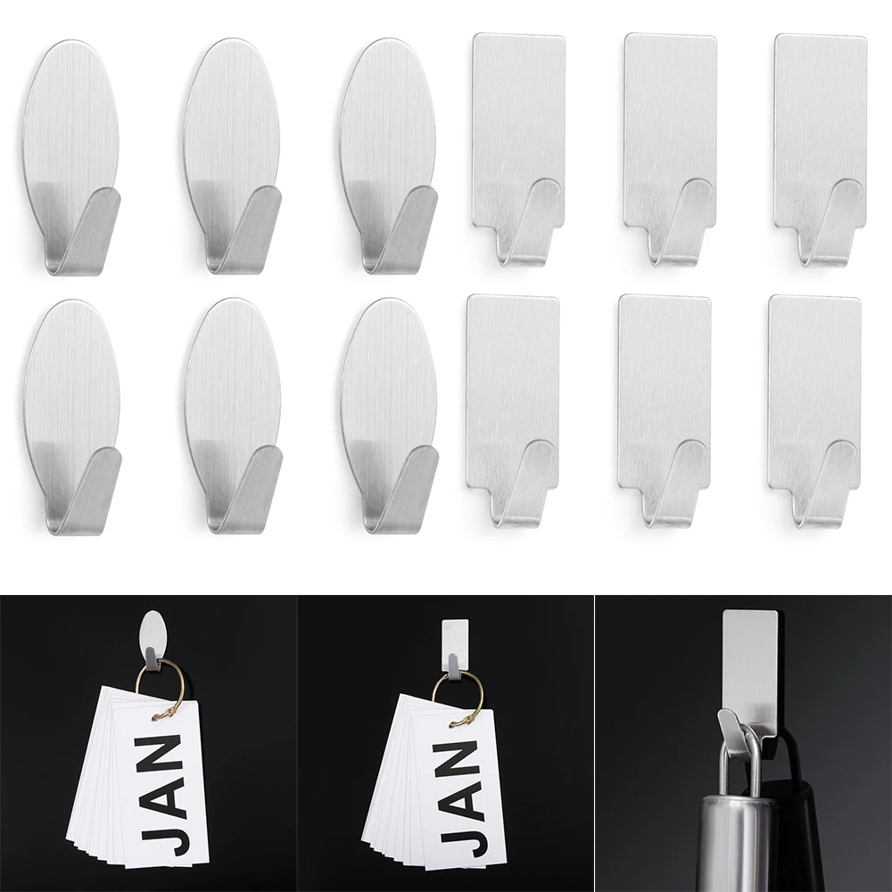 6 pcs Self Adhesive Hooks Stainless Steel Super Strong Sticky Stick on